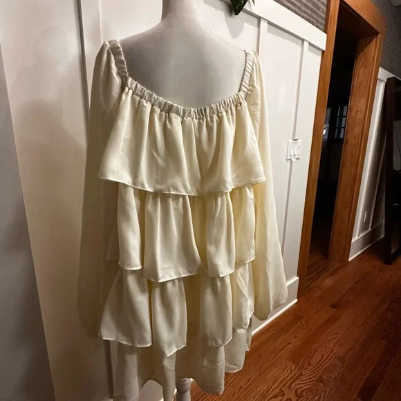 WeWoreWhat Ivory Long Sleeve Tiered Mini Dress in Crinkled Chiffon, NWT, XL - Picture 12 of 16